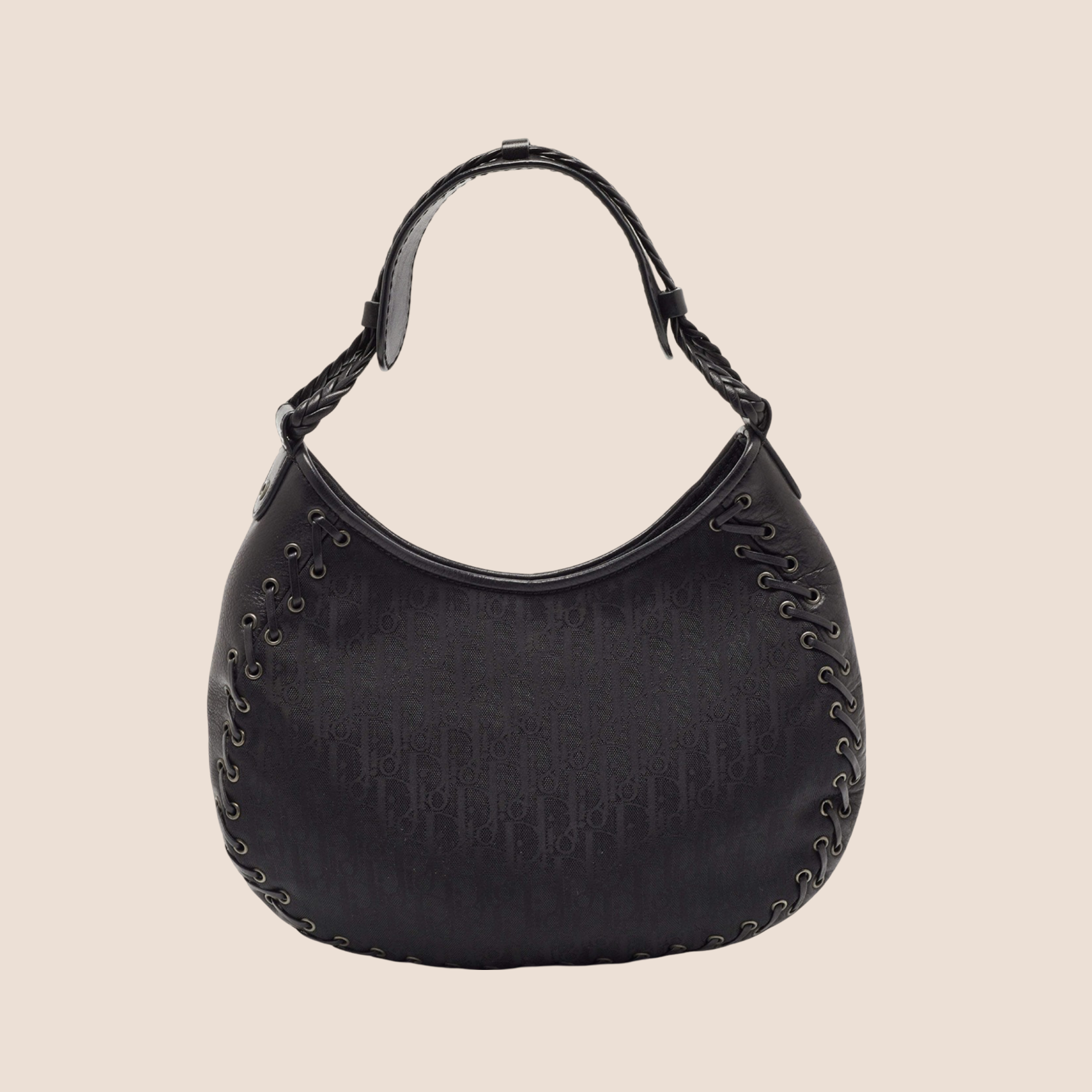 CHRISTIAN DIOR BLACK OBLIQUE NYLON & LEATHER HOBO BAG