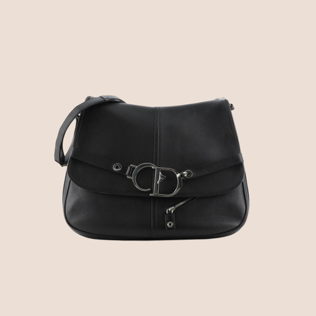 CHRISTIAN DIOR CD BLACK LEATHER FLAP CROSSBODY BAG