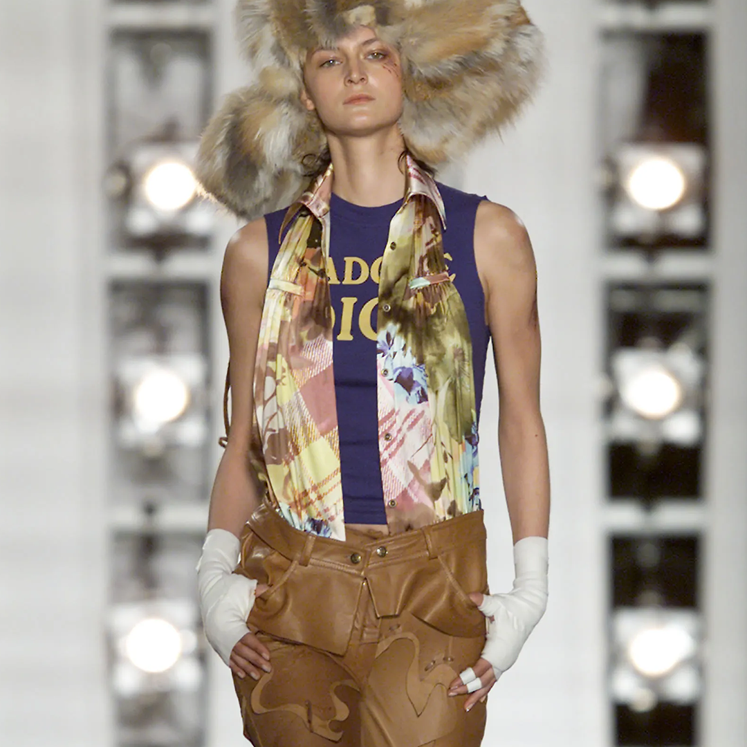 CHRISTIAN DIOR FALL 2001 SILK FLORAL CHECK SLEEVELESS SHIRT