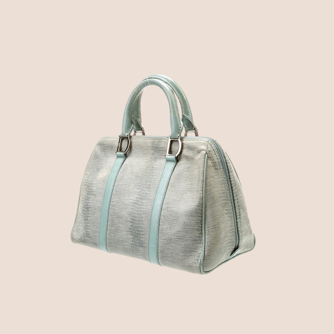 CHRISTIAN DIOR 2001 PALE BLUE LIZARD EMBOSSSED BOSTON BAG