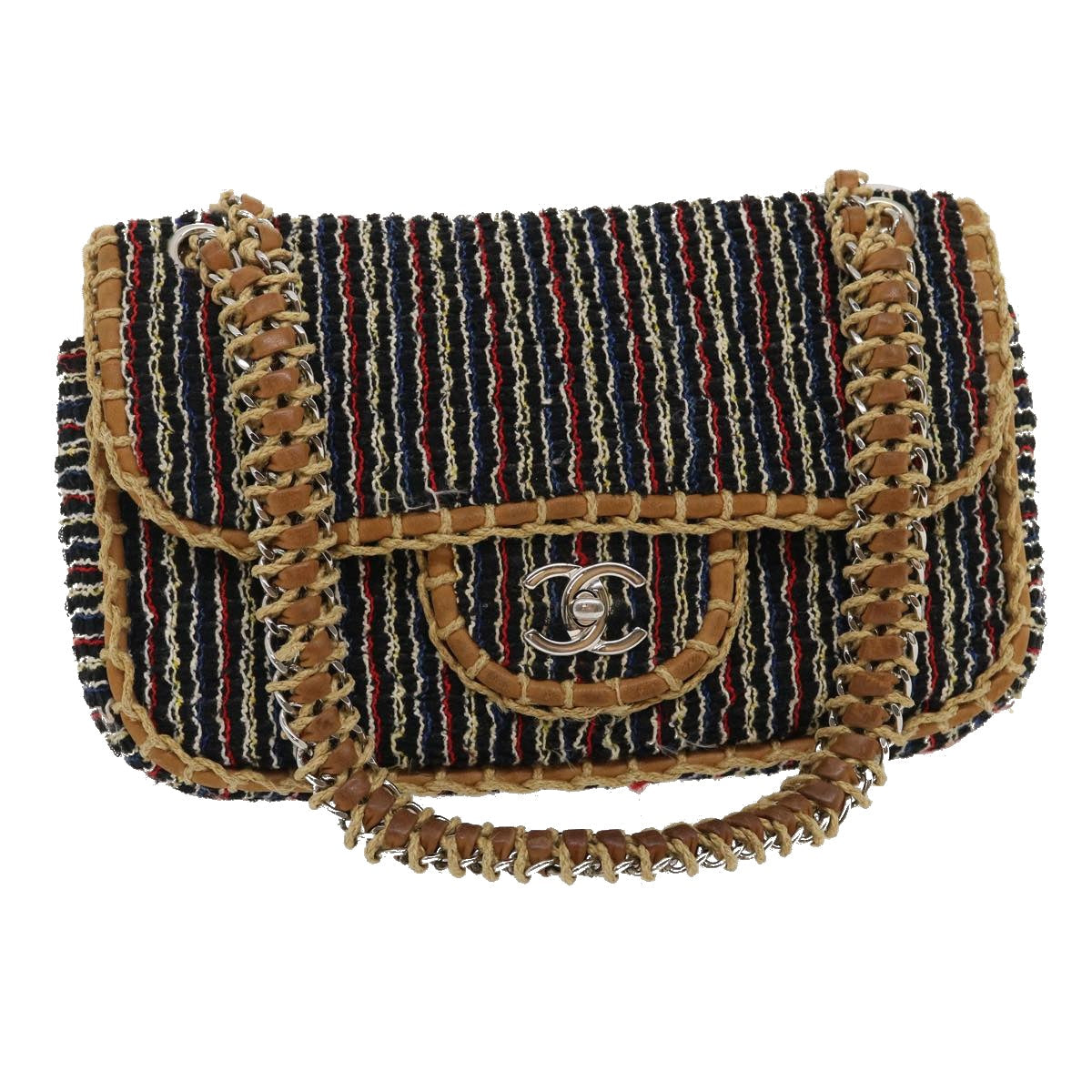 Top Quality Chanel Matelasse Tweed Turn Lock Chain Shoulder Bag Navy Brown CC Auth nh616A