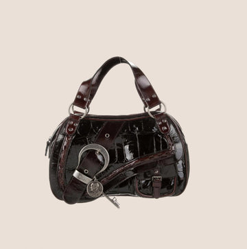 CHRISTIAN DIOR CROC EMBOSSED BLACK LEATHER PATENT GAUCHO HANDBAG