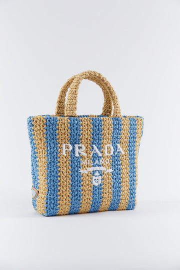 Prada Small Raffia Striped Tote Bag (Tan/Blue)