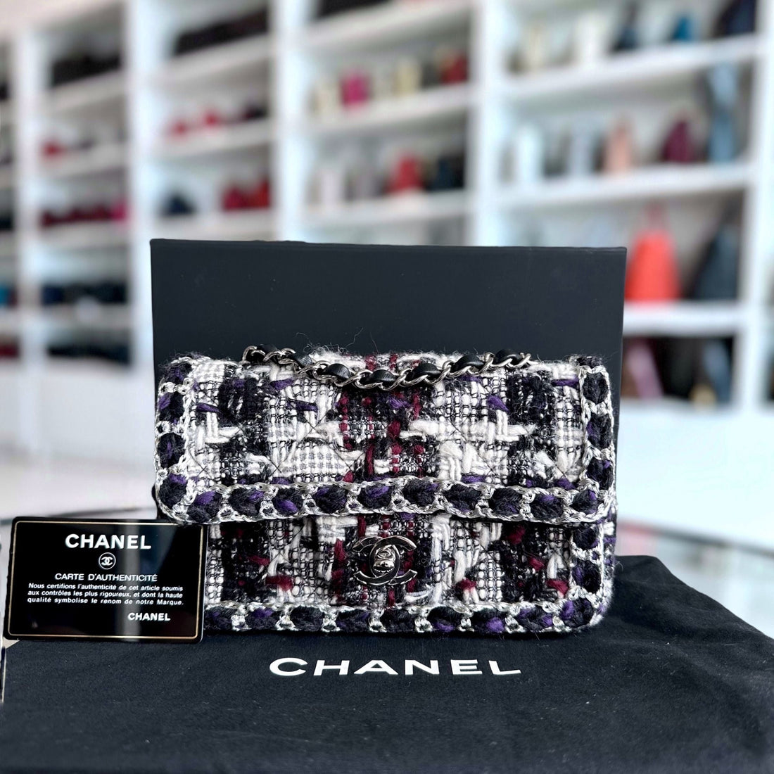 *Rare* Chanel Classic Flap Tweed - 20CM Mini Rectangle White Black SHW No 28