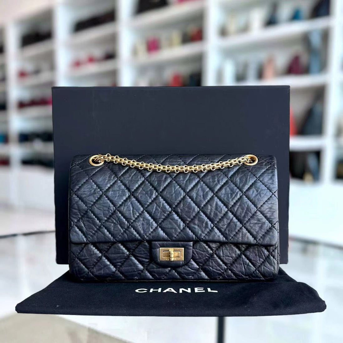 Chanel Reissue 2.55 226 Medium Quilted Calfskin Black Golden Hardware Series 15