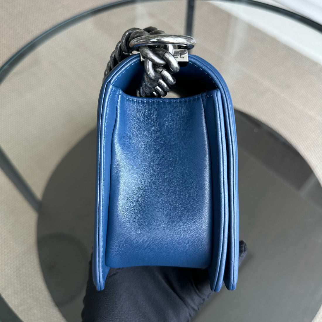 *Receipt, Full Set* Chanel Boy Old Medium 25CM Chevron Lambskin Leboy Dark Blue RSHW No 24