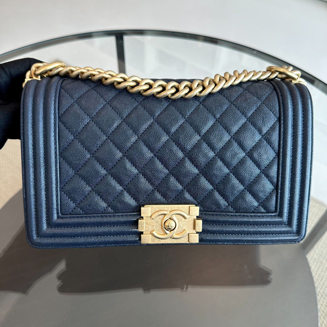 *Receipt, Full Set, Like New, 2019* Chanel Boy Caviar Old Medium 25CM Quilted Leboy Dark Blue GHW No 27