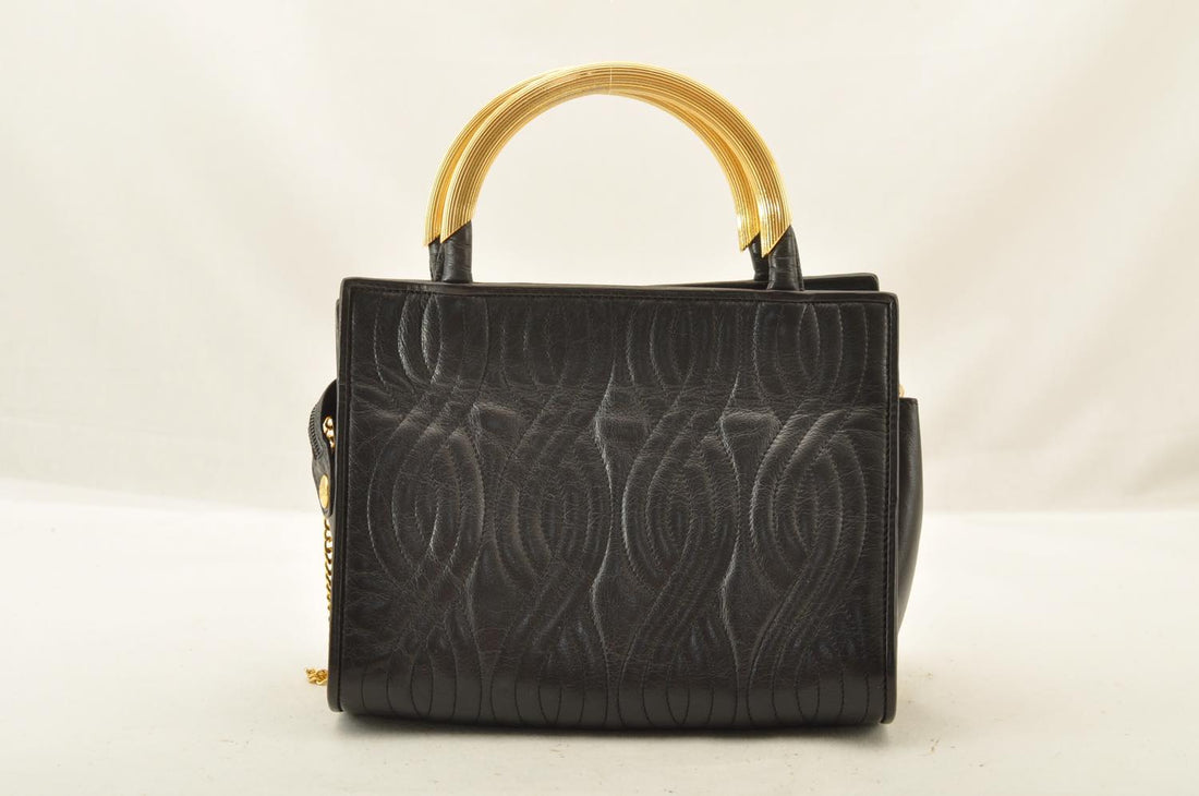 FENDI Chain Hand Bag Leather 2way Black Auth am2376s