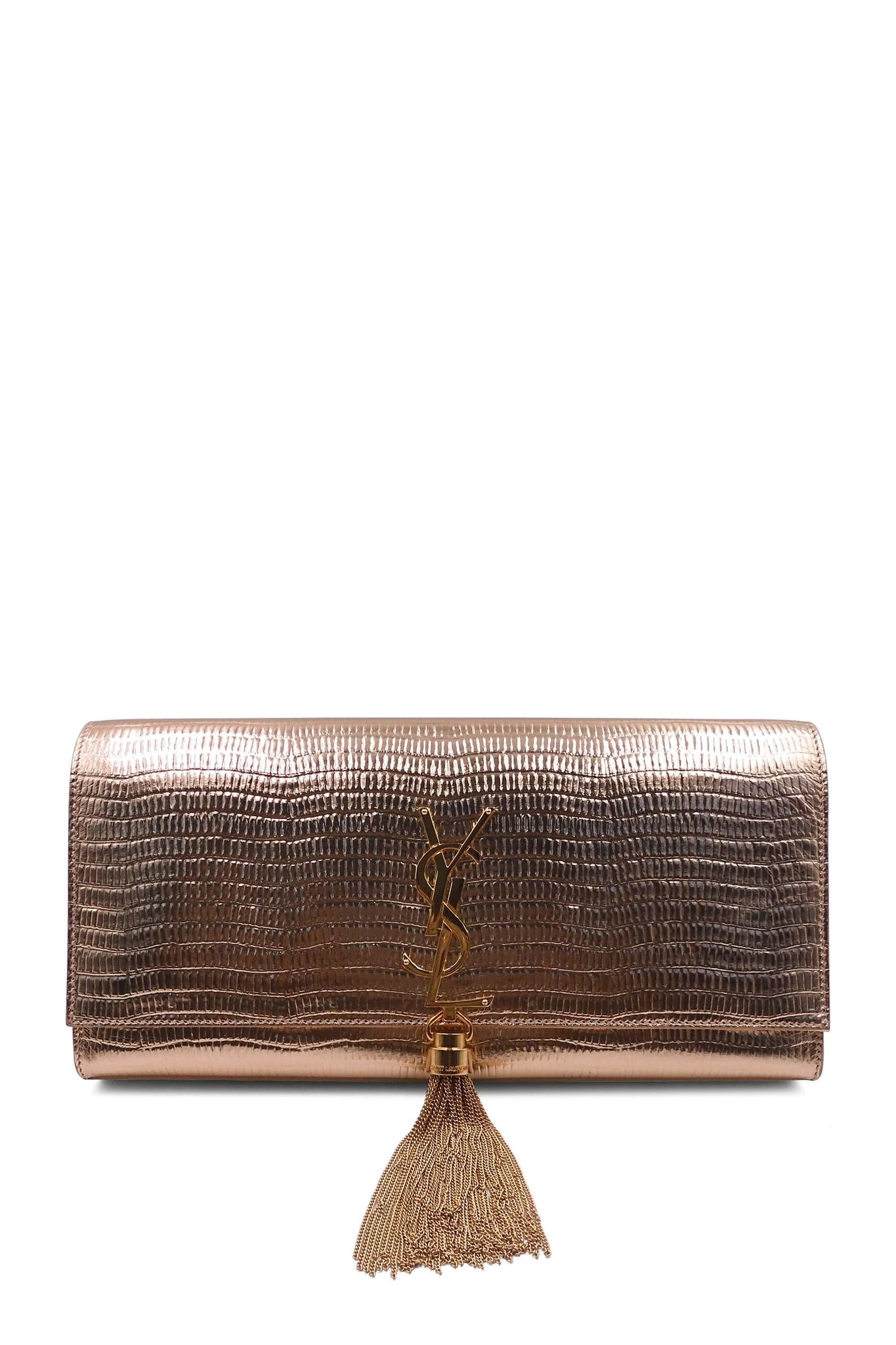 Classic Monogram Kate Clutch with Tassel Lizard Embossed Gold