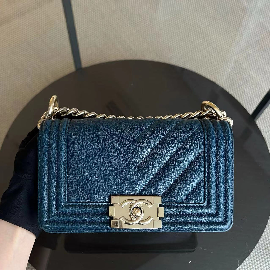 *Series 28, 2019* Caviar Boy Small 20CM Chevron Grained Calfskin Dark Blue Leboy Golden Hardware Series 28