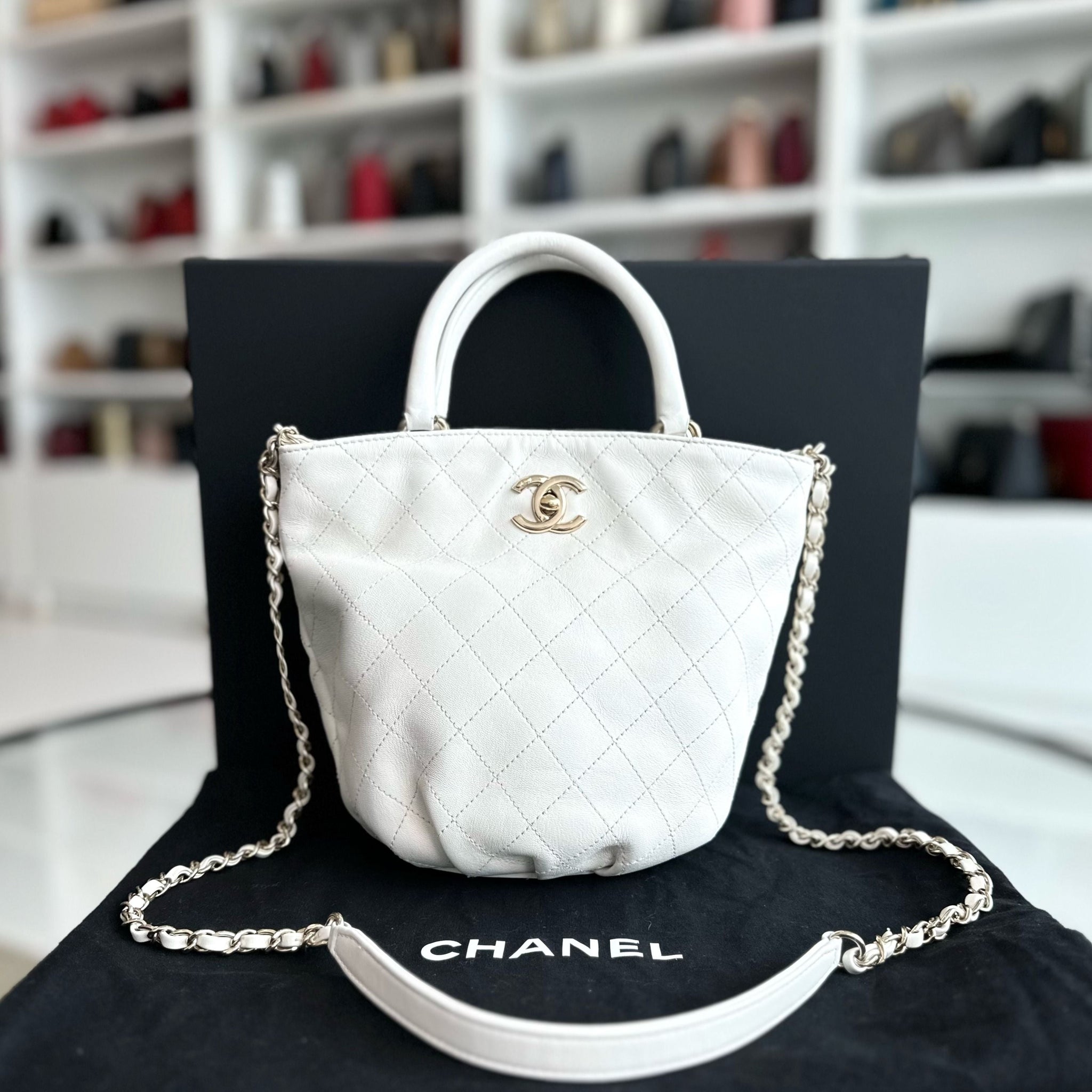 *Series 28* Chanel CC Lock Bucket Tote Stitched Calfskin 2way White GHW No 28