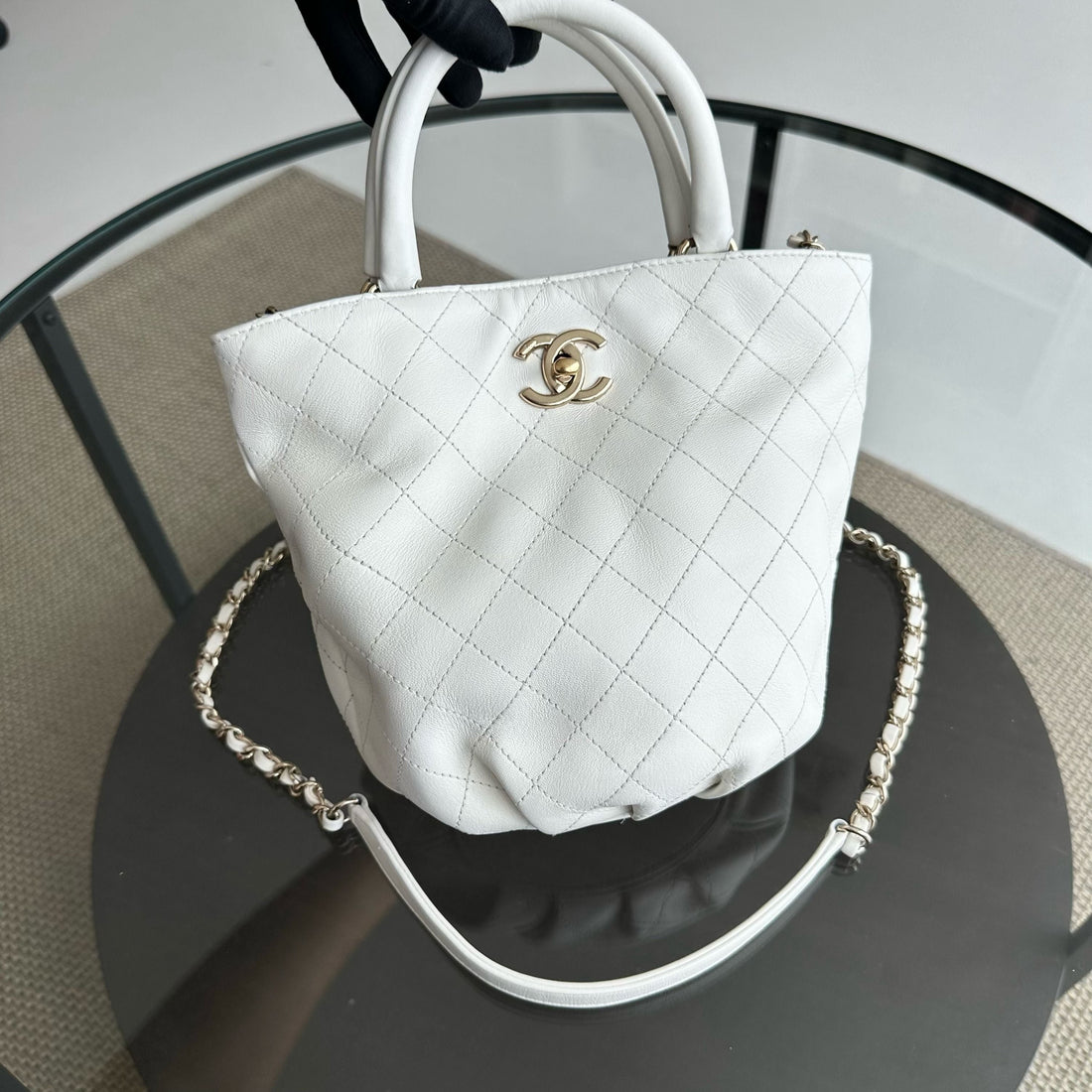 *Series 28* Chanel CC Lock Bucket Tote Stitched Calfskin 2way White GHW No 28