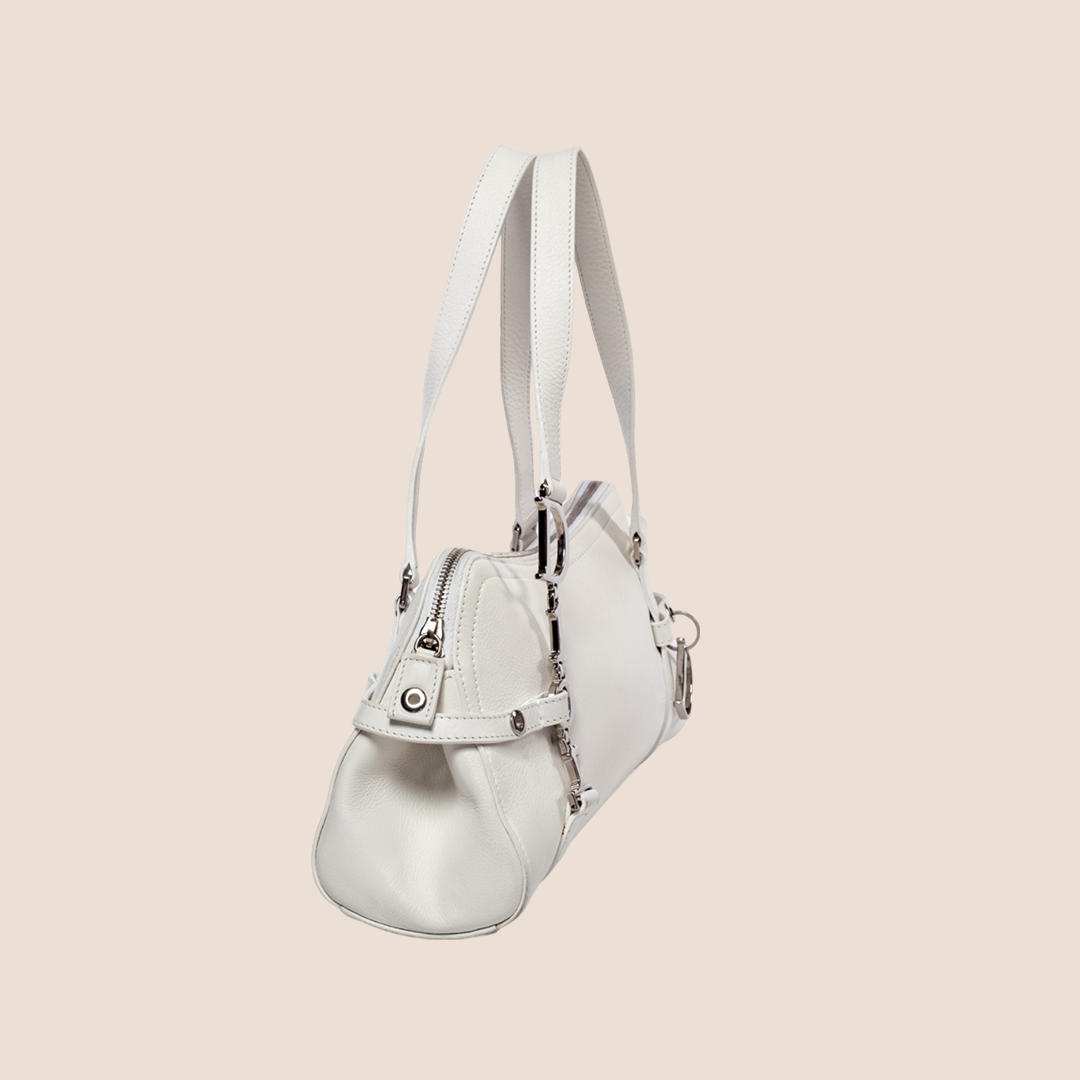 CHRISTIAN DIOR WHITE LEATHER CHARMS FLAT BOSTON BAG