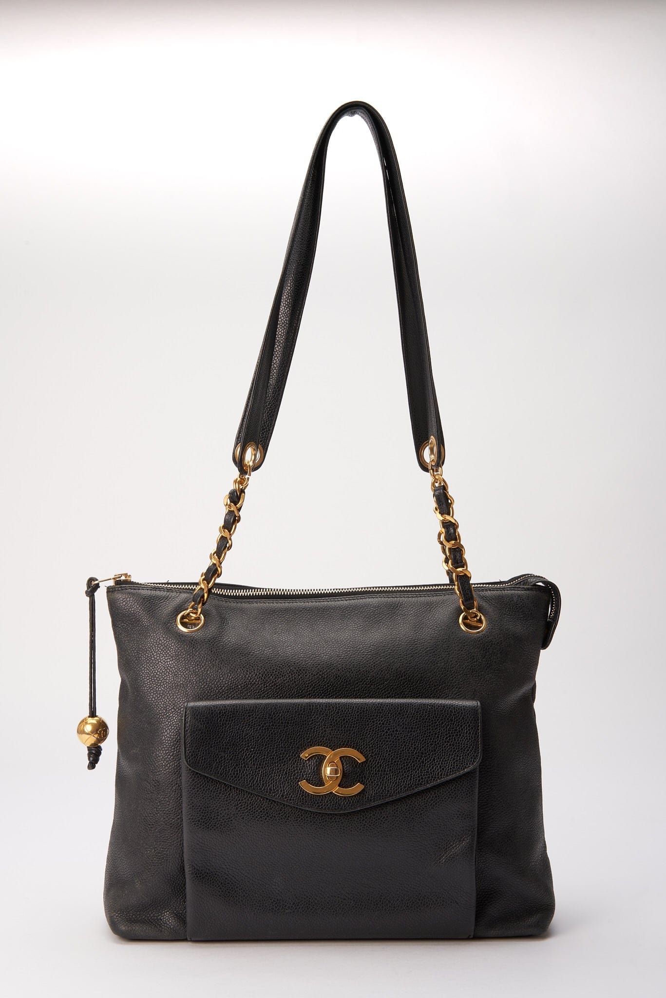 Vintage Chanel Black Leather Tote Bag with 24K Gold Plated Hardware
