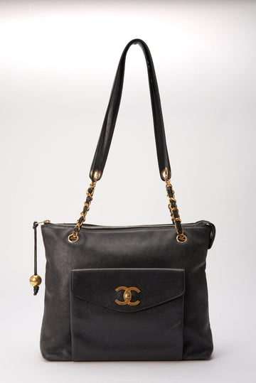 Vintage Chanel Black Leather Tote Bag with 24K Gold Plated Hardware