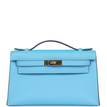 Hermes Kelly Pochette Celeste Swift Gold Hardware