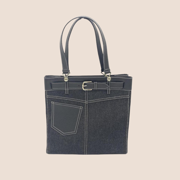 CHRISTIAN DIOR BLACK DENIM & LEATHER BELTED EVERYDAY TOTE BAG