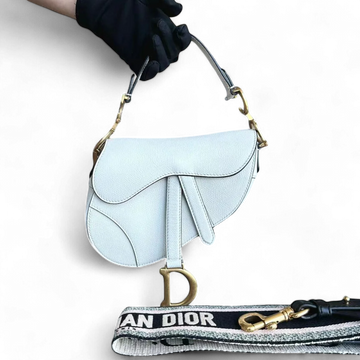 *With Strap, Grained Calfskin* Dior Saddle Small 21CM Grained Calfskin White GHW
