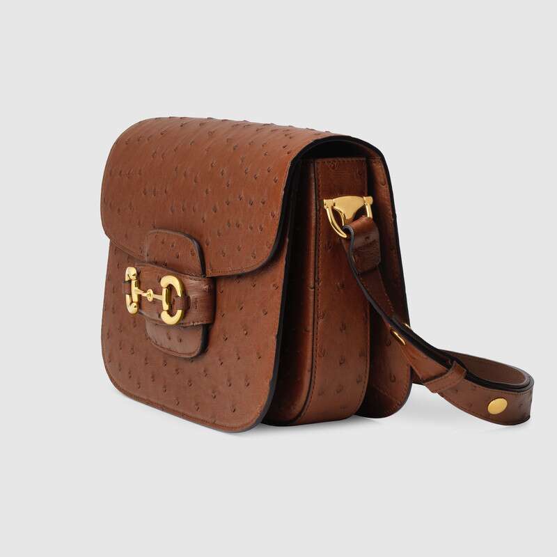 Gucci Horsebit 1955 Ostrich Shoulder Bag Brown Ostrich