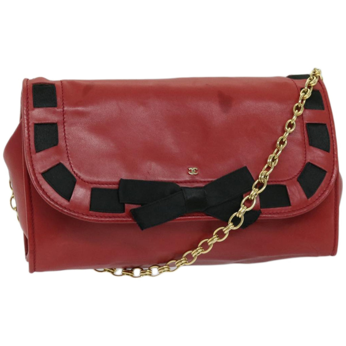 Top Quality Chanel COCO Mark Ribbon Chain Shoulder Bag Lamb Skin Red CC Auth yk10943