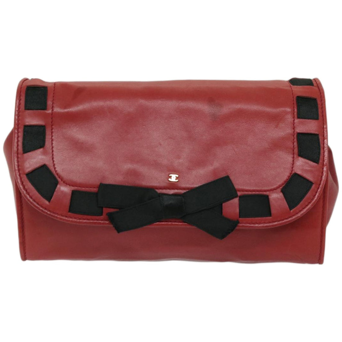 Top Quality Chanel COCO Mark Ribbon Chain Shoulder Bag Lamb Skin Red CC Auth yk10943