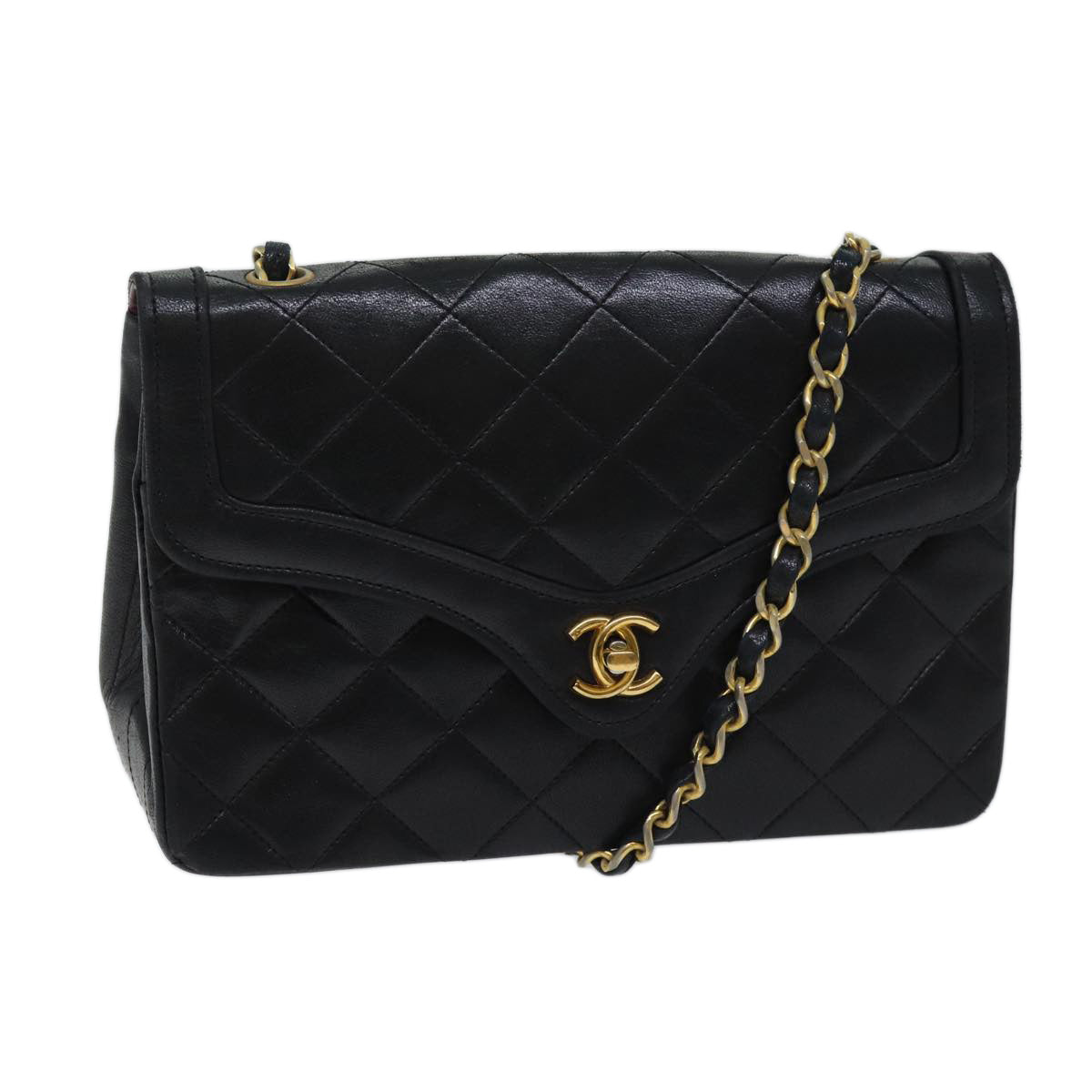 Top Quality Chanel Matelasse Turn Lock Chain Shoulder Bag Lamb Skin Black CC Auth yk11890A