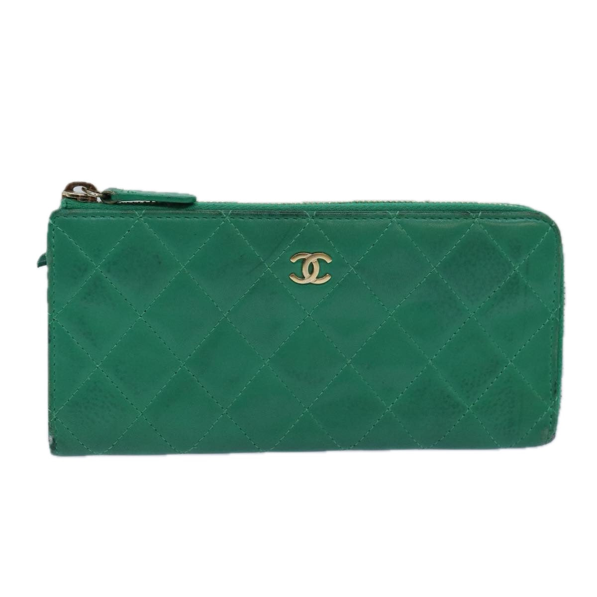 Top Quality Chanel Matelasse Long Wallet Lamb Skin Green CC Auth yk12983
