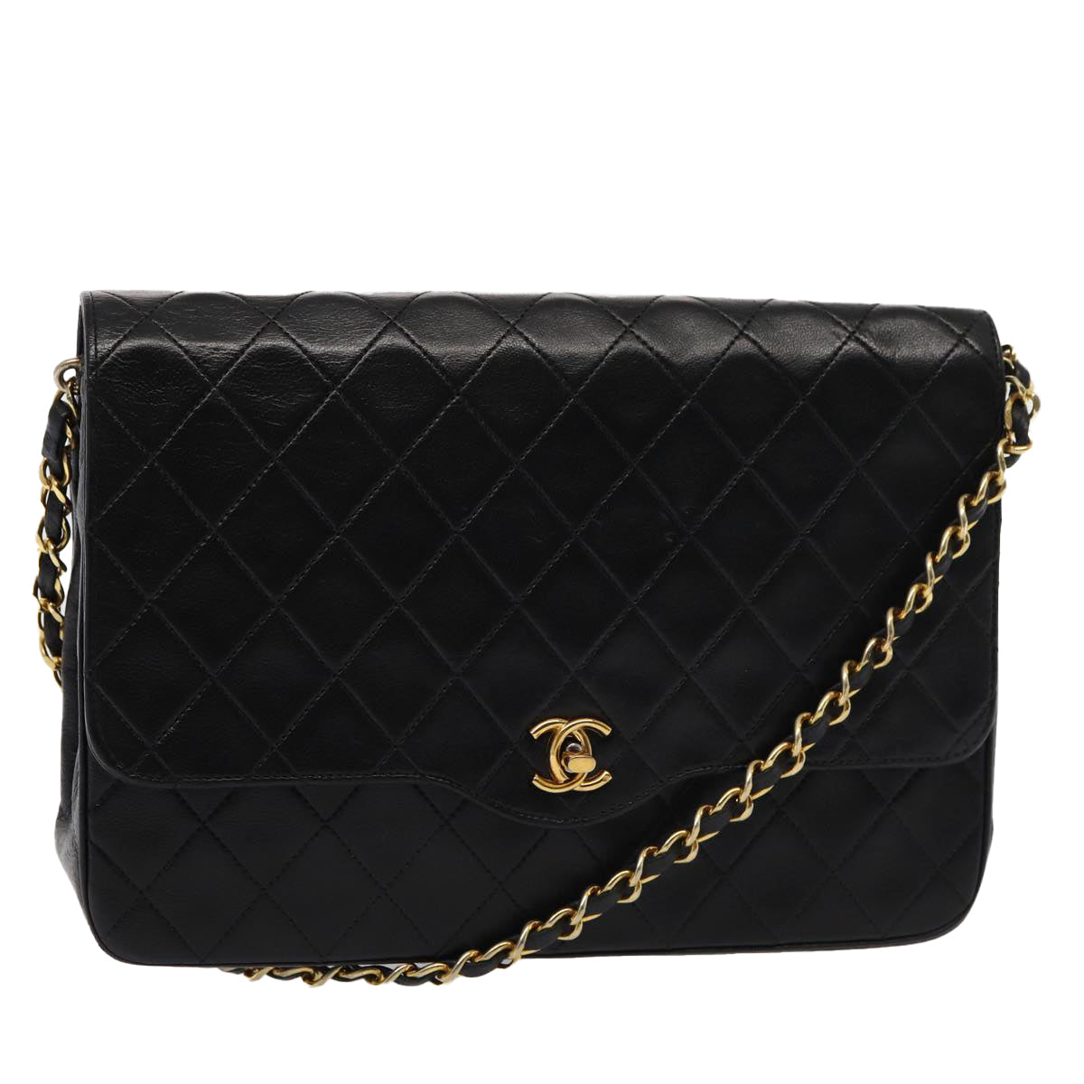 Top Quality Chanel Matelasse Turn Lock Chain Shoulder Bag Lamb Skin Black CC Auth yk13966