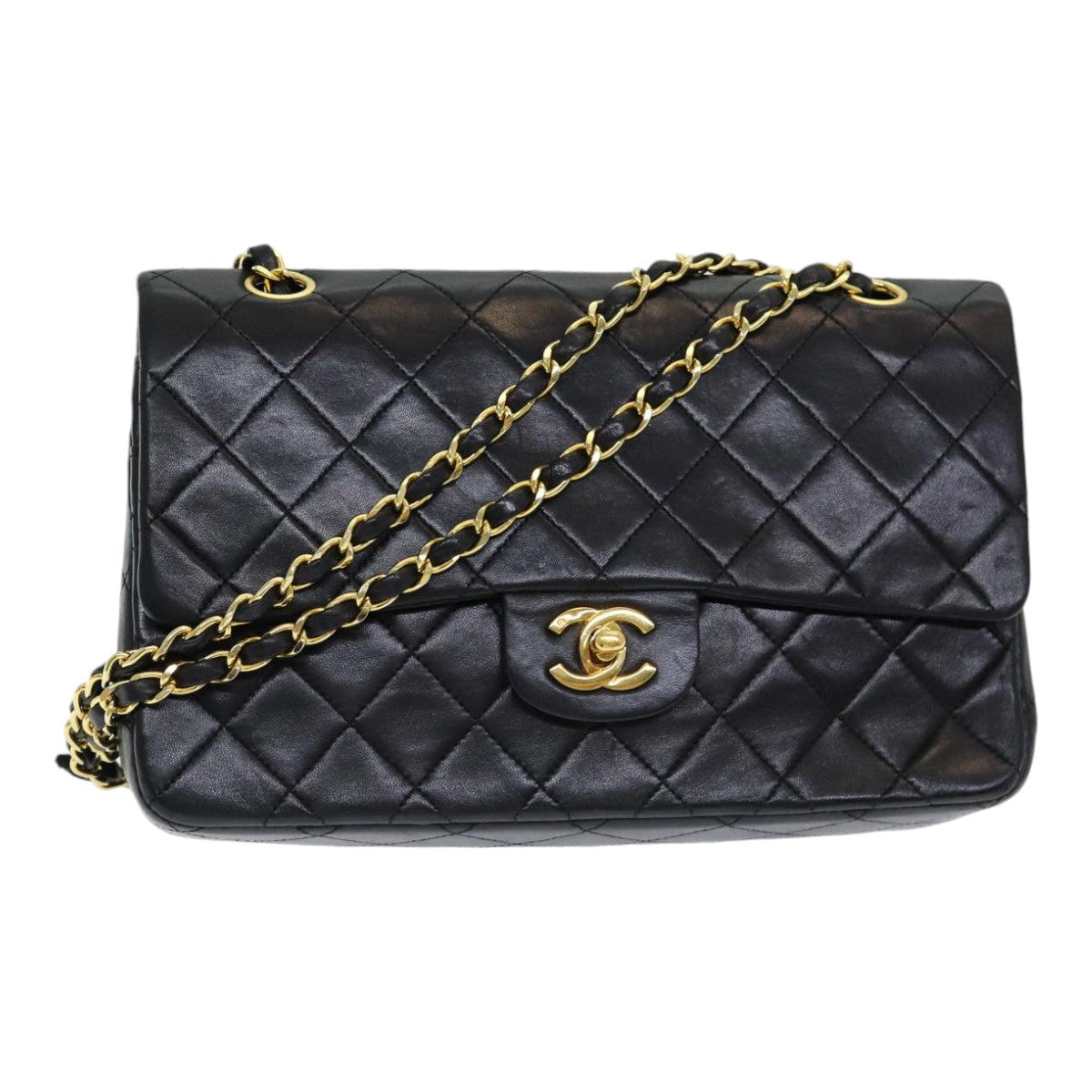 Top Quality Chanel Matelasse 25 Turn Lock Chain Hand Bag Lamb Skin Black CC Auth yk14030A