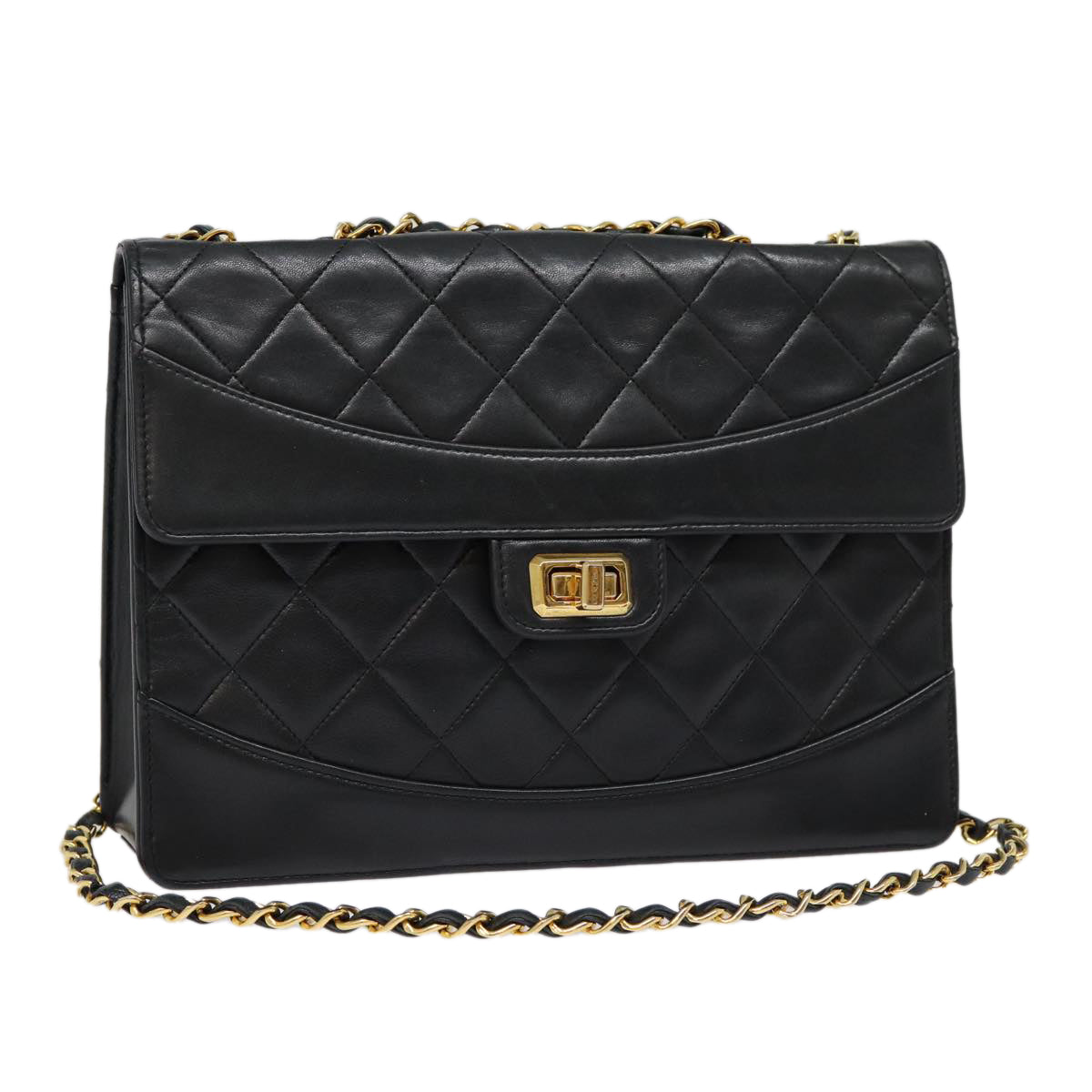 Top Quality Chanel Matelasse Turn Lock Chain Hand Bag Lamb Skin Black Gold CC Auth yk14333A