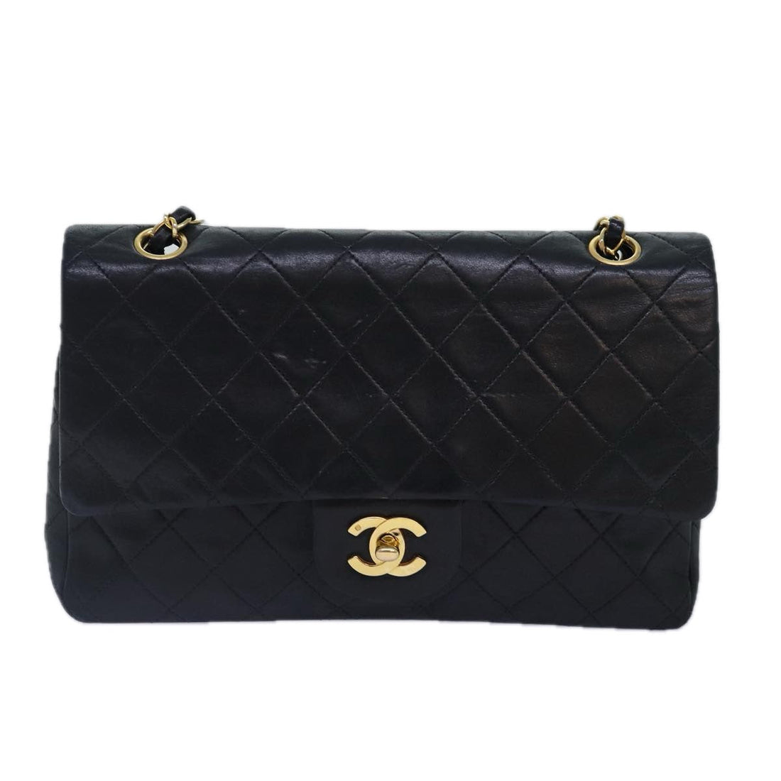 Top Quality Chanel Matelasse 25 Turn Lock Chain Bag Lamb Skin Black Gold CC Auth yk14418